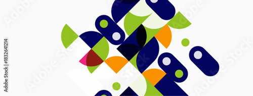 Abstract geometric shapes overlap, creating vibrant composition. Colors include blue, green, orange, red, black. Modern design elements present.