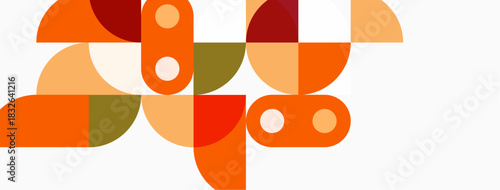 Abstract geometric shapes overlap, creating colorful patterns. Warm tones dominate composition, suggesting modern design aesthetic.