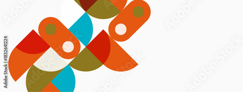 Abstract shapes, orange, teal, olive hues dominate composition. Minimalist design with curved forms, clean aesthetic. Modern graphic element.