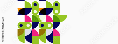 Abstract geometric shapes overlap, creating colorful patterns. Vivid hues dominate white background. Modern design elements present.