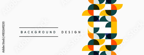 Abstract geometric pattern. Circles, squares create vertical column. Yellow, green, gray, navy colors dominate design. Simple background present.