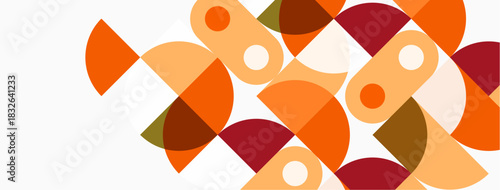 Abstract geometric shapes overlap. Warm colors dominate composition, creating modern aesthetic. Simple design, clean lines present.