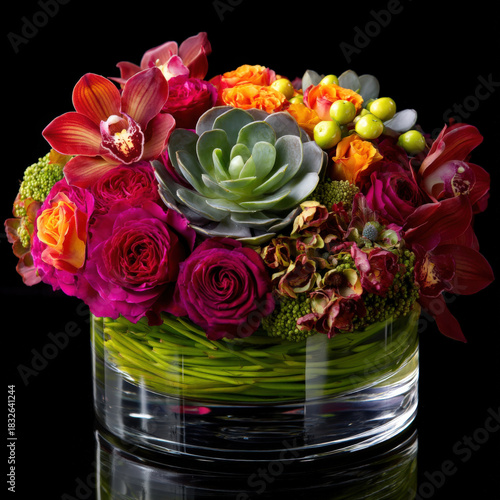 Elegant Floral Arrangement with Roses, Orchids, and Succulents in a Glass Vase on Black Background, Modern Flower Design for Special Occasions and Home Decor