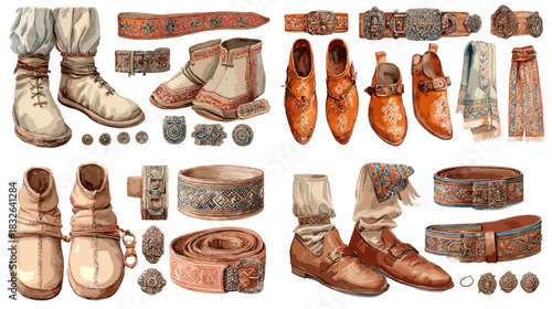 Illustrations of traditional footwear, belts, and accessories with detailed textures, classic materials, and cultural craftsmanship suitable for history or fashion design themes.