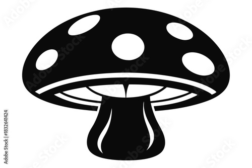 Mushroom with white spots, in black monochrome, shows a stylized botanical symbol