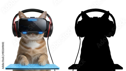 Virtual Reality Cat: Feline Gamer Wearing VR Headset & Headphones with Glowing Keyboard Interface on white background