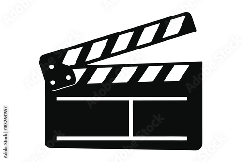Isolated black clapperboard with white rectangle strips signals movie creation on white background