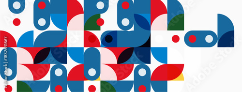 Abstract geometric pattern. Shapes overlap, creating colorful composition. Red, blue, green dominate design. Minimalist style.