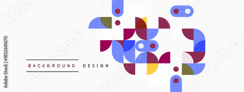 Abstract geometric shapes, vibrant colors, modern design. Background features overlapping circles, squares, rectangles. Minimalist aesthetic, clean composition.