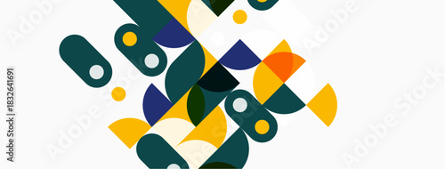 Abstract geometric shapes overlap, creating colorful composition. Yellow, navy, teal dominate design. Modern aesthetic.