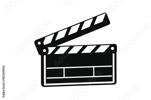 Open black and white clapperboard is displayed against a bright white background, ready to record