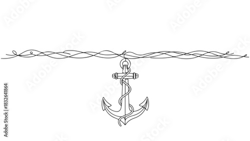 One continuous line art illustration of an anchor hanging by a rope, a simple graphic design element 5