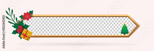 Elegant Gold Christmas Frame Border with Poinsettia, Holly Berries, Wreath, Gift, Christmas Tree and Festive Banner Ornaments