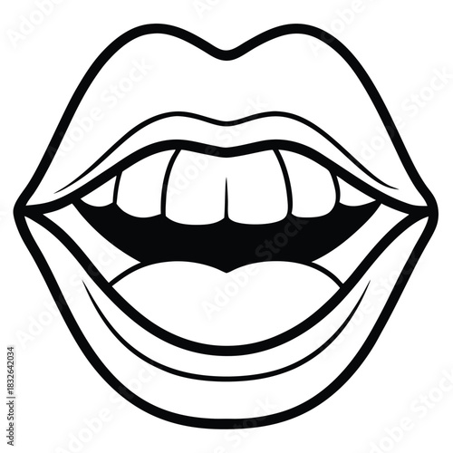 Open mouth with teeth and lips illustrated in bold black and white lines