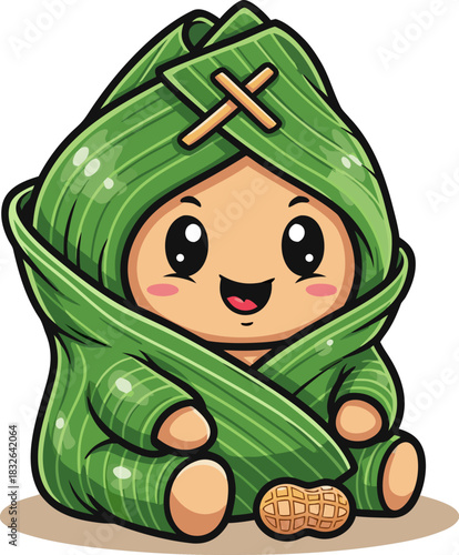 A cute chibi mascot character of a traditional Asian lopis glutinous rice cake wrapped in a green banana leaf, smiling happily