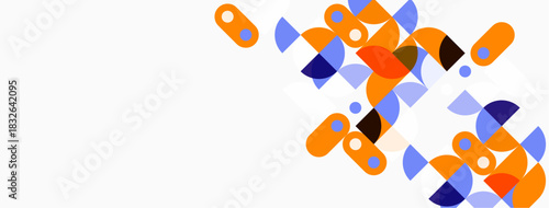 Abstract geometric shapes, orange, purple, blue. Minimalist design, clean background, modern aesthetic. Simple composition, flat illustration.