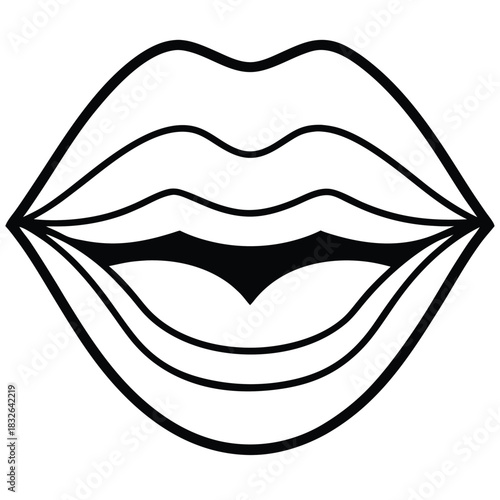 Line drawing illustrates open lips with bold black contours on the white background
