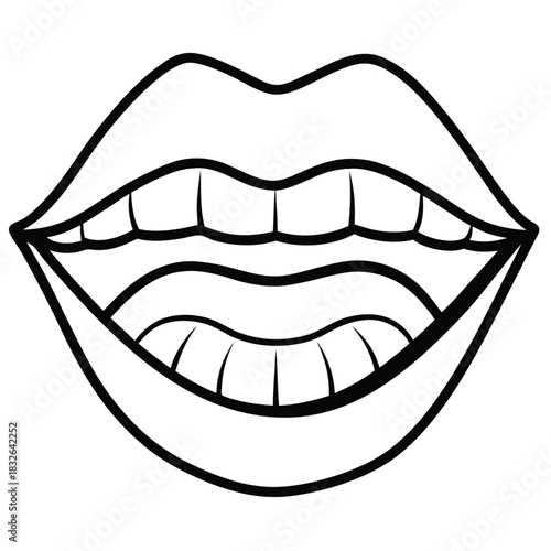 Outline of open mouth featuring teeth, tongue, and lips creates simple expressive art