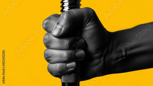 Close-up of a Tightly Clenched Fist Gripping a Barbell on Yellow Background