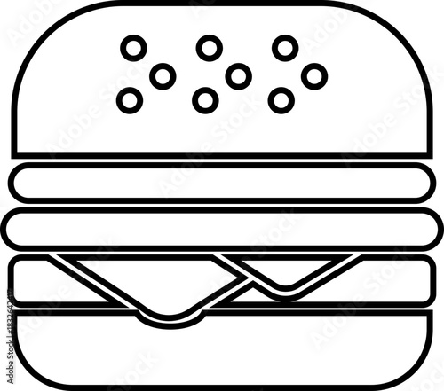 Burger fast food icon in black line style featuring sandwich, hamburger, cheeseburger, snack, meal, cuisine, deli, and food related synonym elements for restaurant branding and menu design