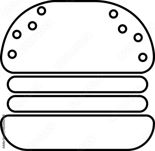 Burger fast food icon in black line style featuring sandwich, hamburger, cheeseburger, snack, meal, cuisine, deli, and food related synonym elements for restaurant branding and menu design