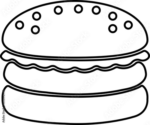 Burger fast food icon in black line style featuring sandwich, hamburger, cheeseburger, snack, meal, cuisine, deli, and food related synonym elements for restaurant branding and menu design