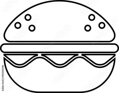 Burger fast food icon in black line style featuring sandwich, hamburger, cheeseburger, snack, meal, cuisine, deli, and food related synonym elements for restaurant branding and menu design