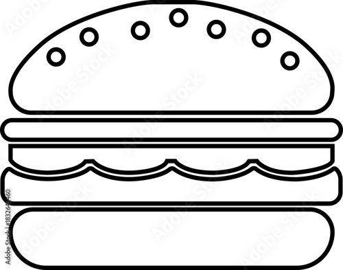 Burger fast food icon in black line style featuring sandwich, hamburger, cheeseburger, snack, meal, cuisine, deli, and food related synonym elements for restaurant branding and menu design