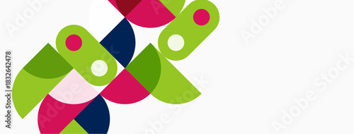 Abstract colorful shapes overlap, creating dynamic composition. Greens, pinks, blues dominate white background. Modern design element.