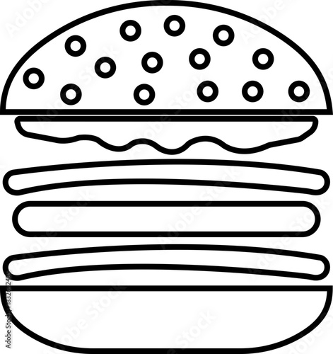 Burger fast food icon in black line style featuring sandwich, hamburger, cheeseburger, snack, meal, cuisine, deli, and food related synonym elements for restaurant branding and menu design