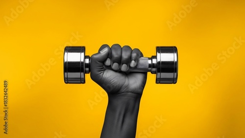 Close-up of a Person's Hand Gripping a Chrome Dumbbell Against Yellow Background