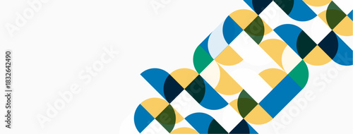 Abstract geometric shapes overlap, creating dynamic pattern. Colors include blue, green, yellow, white. Minimalist design suggests modern aesthetic.