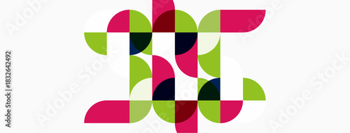 Abstract geometric pattern. Circles, squares overlap creating complex design. Pink, green, blue hues dominate composition. Modern aesthetic.