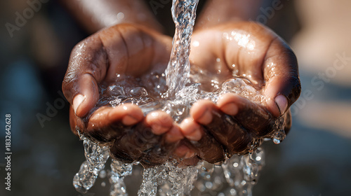 Hands cupped together catching fresh water splash