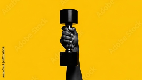 Close-up of a Hand Holding a Black Dumbbell Against a Vibrant Yellow Background