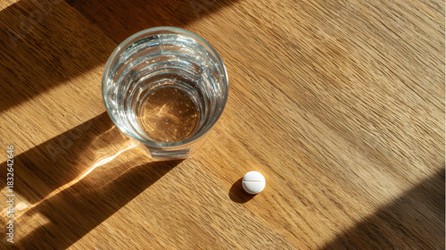Glass of water and one white pill on wooden table