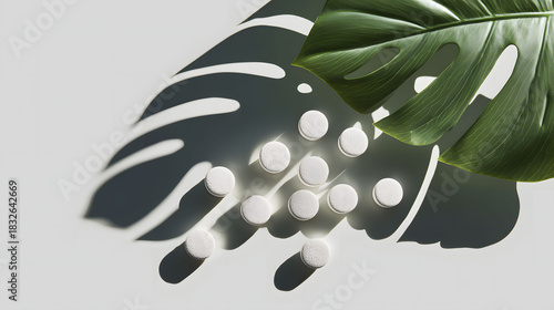 White pills flat lay with tropical leaf shadow