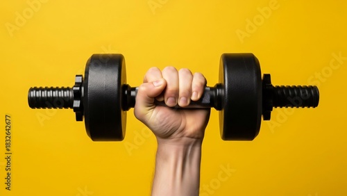 Hand Gripping a Black Dumbbell Against a Vibrant Yellow Background