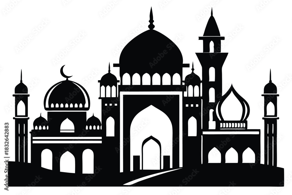 Fototapeta premium Islamic architecture illustrates a silhouette of a grand mosque with domes, towers and intricate details