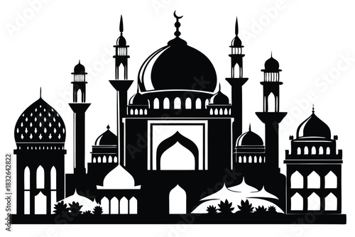 Black silhouette showcases architectural mastery with domes and minarets, reflecting cultural heritage and artistic expression
