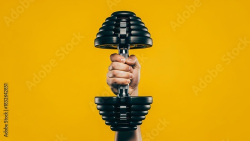 Hand Gripping a Black Adjustable Dumbbell on a Bright Yellow Background