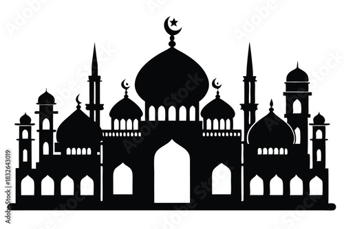 Black silhouette shows a mosque architecture with domes and towers against a white backdrop