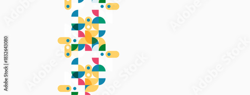 Abstract geometric shapes, vibrant colors, modern design. Composition features overlapping circles, squares, triangles. Minimalist aesthetic, clean background.