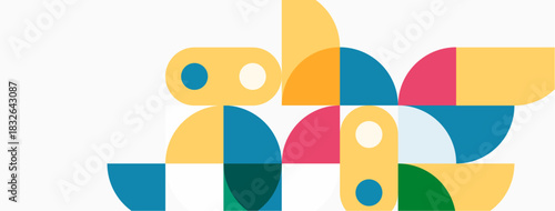 Abstract geometric shapes overlap, creating colorful composition. Yellow, blue, green, pink dominate design. Modern, minimalist aesthetic.