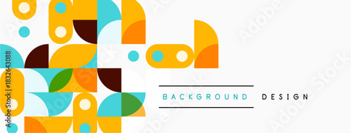 Abstract geometric shapes, vibrant colors, modern design. Background features overlapping circles, squares, rectangles. Clean aesthetic.