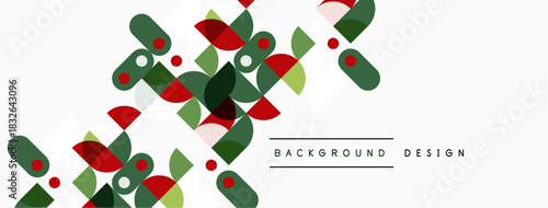 Abstract floral pattern. Green, red, pink shapes overlap. Minimalist design with text elements background, design. Clean aesthetic.