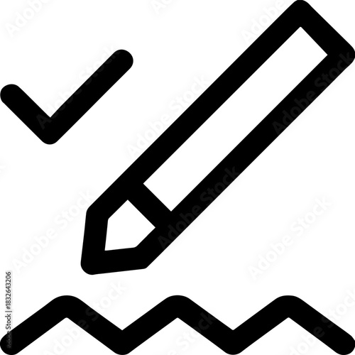 Simple icon depicting pencil and check mark, symbolizing editing or approval. This design conveys sense of completion