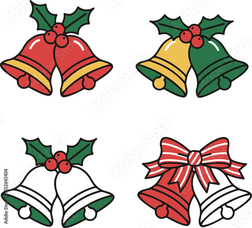 A set of four charming cartoon Christmas bells, paired and adorned with festive elements like holly, berries, and a striped bow, in various color combinations.