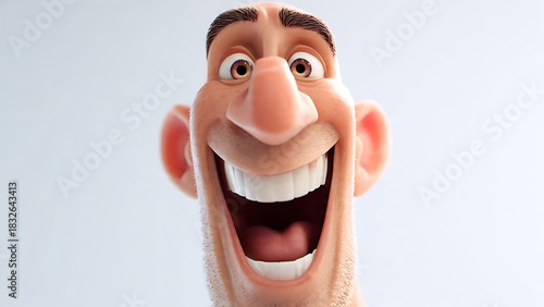 Close-up of a 3d cartoon joyful man with a wide, happy smile and expressive face.