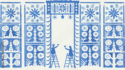 Whimsical winter folk art scene with floral details and figures on ladders, perfect for holidays
